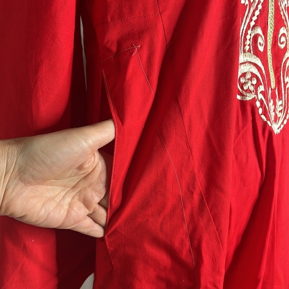 Long Sz M-L 100% Cotton Red Gold Thread Long Tunic Dress Side Pockets - Picture 5 of 5